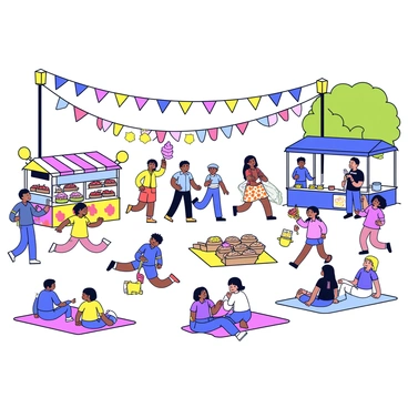 A lively neighborhood block party taking place on a sunny day. Colorful banners and string lights are hanging across the street. There are several food stalls with various types of food on display, including hot dogs, cotton candy, and fresh lemonade. A small stage is set up for live music, with a band playing cheerful tunes. Children are running around, playing games such as sack races and a ring toss. Adults are chatting and enjoying the food while some sit on picnic blankets spread out on the grass.