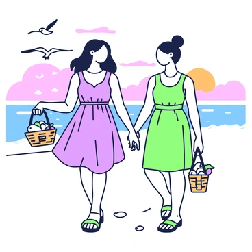 Two sisters are walking along a beach at sunset, their silhouettes outlined against the vibrant sky. They each wear casual summer dresses, one sister has long hair flowing freely while the other has her hair tied up in a bun. In their hands, they hold small woven baskets filled with various seashells. The sand beneath their feet is smooth and wet, reflecting the fading sunlight. The gentle waves lap at the shore, creating a calm atmosphere around them. In the background, a few seagulls can be seen flying over the water.