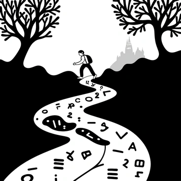 A traveler with a backpack is walking along a winding path composed of glowing equations in various mathematical symbols and characters. The equations light up with an ethereal glow, illuminating the ground in front of the traveler. In the distance, a silhouette of a towering, mysterious structure can be seen on the horizon, partially shrouded in mist. Surrounding the path, there are trees with intricate branches that seem to reach out towards the equations. The entire scene conveys a sense of adventure and curiosity about the destination ahead.