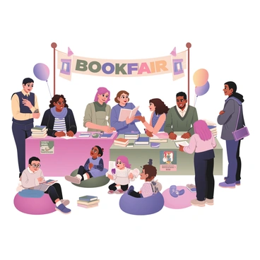 A vibrant scene depicting an animated book fair. There are several booths set up with colorful banners displaying various book titles. Authors are sitting at tables, signing their illustrated books, with enthusiastic smiles on their faces. One author, a middle-aged woman with curly brown hair and glasses, is signing a book for a young girl who has bright pink hair and a sparkling dress. Nearby, a tall man with dark skin and a beard is engaged in conversation with a group of readers. 

In the background, avid readers are browsing through stacks of books on display tables, while some hold books in their hands, examining the covers. A banner hangs overhead reading "Book Fair" in large, bold letters. The atmosphere is lively, with balloons and decorations adding splashes of color to the scene. A small corner has a cozy reading area with bean bags where children are sitting and reading.
