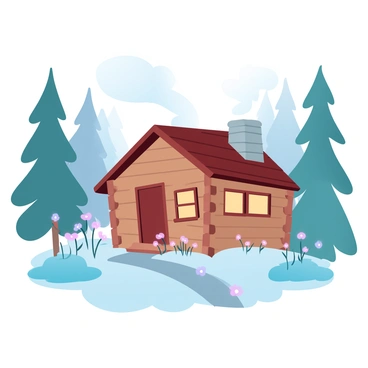 A wooden cabin is nestled among tall pine trees. The cabin features a stone chimney with no smoke rising from it. The exterior is clad in natural wood, blending seamlessly with the surrounding forest. Sunlight filters through the branches, casting dappled light on the forest floor covered in soft moss. A narrow path leads up to the cabin, flanked by wildflowers. In the background, the silhouettes of the towering pines create a serene and inviting atmosphere.