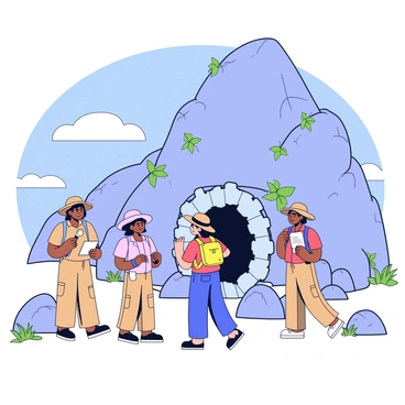 A group of four archaeologists is standing at the foot of a rugged mountain. They are examining a partially concealed entrance to a hidden tomb, which is framed by large, weathered stones and creeping vines. The archaeologists are wearing beige cargo pants and matching shirts, with wide-brimmed hats for sun protection. One archaeologist is holding a flashlight, illuminating the darkened entrance, while another is taking notes in a small notebook. The other two are carefully examining ancient markings on the stones. The surrounding landscape features scattered boulders and patches of sparse vegetation. In the background, the mountain rises steeply with a blue sky above, dotted with a few fluffy white clouds.