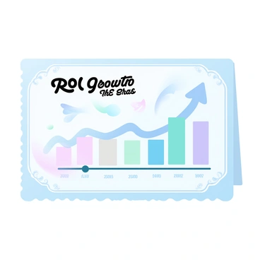 A vintage postcard features an illustration depicting the growth of ROI (Return on Investment) over different eras. The illustration includes a timeline with distinct sections for various eras, each represented by unique symbols or icons. Arrows indicate upward trends, showcasing progress over time. The background of the postcard is a soft gradient of pastel colors, enhancing the vintage feel. Decorative elements border the edges of the postcard, complementing the overall design. Text at the top reads "ROI Growth Through the Eras" in elegant lettering.