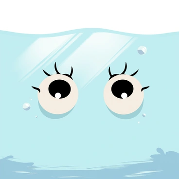 A pair of large, expressive eyes looking up from beneath the clear surface of a calm lake. The water is a vibrant blue-green color, with soft ripples creating a gentle distortion around the eyes. The eyes are framed by long, delicate eyelashes and glisten as they catch the light above. Surrounding the eyes are small bubbles rising towards the surface, adding a sense of movement. Sunlight filters through the water, casting dappled patterns on the lake bed below.