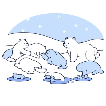 A group of polar bears and seals playing together in a snowy landscape. The polar bears are fluffy with white fur and have playful expressions. One polar bear is sliding down a small snow hill, while another is gently pawing at a seal. The seals have smooth, light gray bodies and are lounging on the snow, with some playfully splashing in small puddles of melted snow. The background features gently rolling snowdrifts and a clear blue sky. Snowflakes are falling softly, adding to the wintry atmosphere.