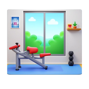 A cozy home gym featuring a leg curl machine positioned beside a large window. The window showcases a scenic view of greenery outside, allowing natural light to fill the room. The walls are adorned with motivational fitness posters. A soft mat lies on the floor, and a few weights are neatly arranged nearby. There is a small potted plant on a shelf, adding a touch of nature to the space.