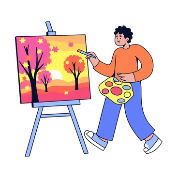 An artist standing in front of an easel, holding a paintbrush. The artist is focused on a canvas that depicts an autumn sunset. The canvas is filled with vibrant shades of orange, red, and yellow. The scene includes silhouettes of trees with falling leaves in the foreground. The sky above is a gradient of warm colors blending into one another, creating a captivating backdrop. The artist's palette is next to them, featuring a mix of colors used for the sunset.