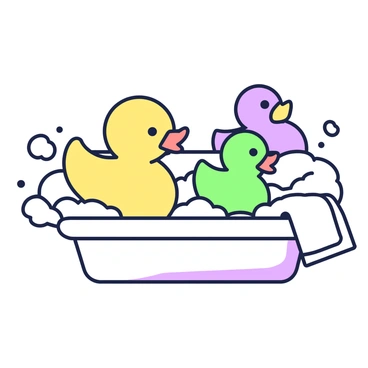 A collection of rubber ducks is floating in a bubbly bath. There are three ducks: one yellow, one green, and one purple. The yellow duck is positioned nearest to the front, facing forward with its beak slightly open. The green duck is slightly behind it, with its wings slightly raised. The purple duck is positioned further back, bobbing gently on the surface of the water. The bath is filled with bubbles that create a frothy appearance all around the ducks. A soft towel is draped over the edge of the tub, adding to the cozy atmosphere.