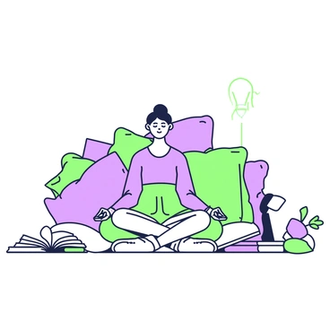 A person is sitting cross-legged in a corner, surrounded by an array of pillows scattered around them. The individual has closed eyes and a serene expression, embodying a meditative state. Soft pillows in varying shapes and sizes create a comfortable backdrop, with some leaning against the wall and others forming a circle around the person. The person is dressed in relaxed clothing, suitable for comfort during meditation. Nearby, a few open books lie on the floor, indicating the prior long revision session. A small, softly glowing lamp sits on a nearby table, providing a gentle light to the scene.