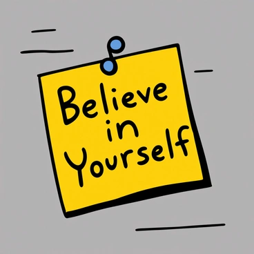 A close-up of a colorful post-it note stuck to a textured wall. The post-it note features the phrase "Believe in Yourself" written in bold, friendly handwriting. The wall is a light shade of gray, creating a subtle contrast with the vibrant yellow color of the post-it note. The edges of the note are slightly curled, suggesting it has been there for a while.