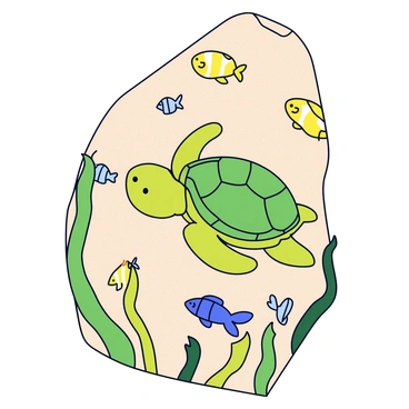 A beach towel featuring a cute sea turtle with a green shell and friendly eyes. The turtle is swimming gracefully among vibrant green seaweed. Small colorful fish, such as yellow and blue, are scattered around the turtle, creating a lively underwater scene. The background of the towel is a soft sandy beige, enhancing the ocean theme.