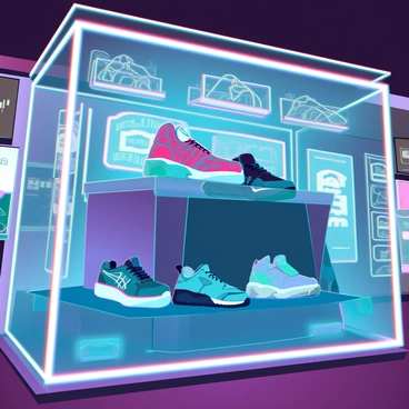 A fashion storefront displaying a black box with trendy sneakers inside