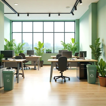 A spacious call center with large windows allowing natural light to flood the room. The walls are painted in calming green tones, and various plants are scattered throughout, adding a touch of nature to the environment. There are desks arranged in a modern layout, each equipped with computers and headsets. In the corner, there are clearly marked recycling bins made of recycled materials. The flooring is made of sustainable wood, and energy-efficient lighting fixtures hang from the ceiling, contributing to the eco-friendly atmosphere of the space.