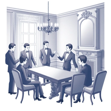 A Victorian salon filled with elegantly dressed individuals engaged in animated conversation. Several people are gathered in a spacious room adorned with ornate furniture, including a large, intricately carved wooden table at the center. One group stands near a tall window, their expressions lively as they exchange ideas. Others are seated on plush chairs, leaning in to listen intently. The room features rich wallpaper with decorative patterns, and a grand chandelier hangs from the ceiling, casting light over the gathering. A fireplace with an elaborate mantelpiece serves as a backdrop, adding to the atmosphere of camaraderie and intellectual exchange.