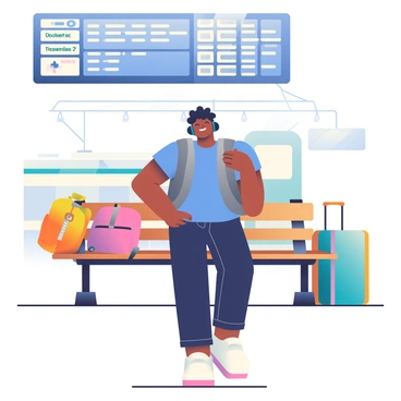 A traveler with tan skin and short curly black hair is standing at a train station, wearing a casual outfit consisting of a blue t-shirt and dark jeans. He has a large, gray backpack slung over one shoulder. His eyes are closed, and he is smiling while listening to music on black headphones. The train station features a wooden bench beside him, and a digital display board above shows train schedules. Several colorful backpacks and suitcases are scattered around, and a train can be seen arriving in the background.
