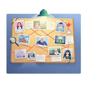A wooden detective's board is filled with various photographs pinned on it. The images show different people, places, and objects related to a case. Red threads are stretched across the board, connecting specific photos to illustrate the relationships between the clues. Some notes with handwritten descriptions are tacked to the board, and there is a magnifying glass leaning against one corner. The background shows a dimly lit room with a single light bulb illuminating the board, casting soft shadows.