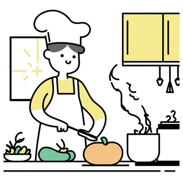A chef wearing a white apron and a tall chef's hat is standing in a cozy kitchen. The kitchen has wooden cabinets and a warm atmosphere. The chef is chopping a bright orange pumpkin on a wooden cutting board. Next to the pumpkin, there is a green squash and various herbs in small pots on the countertop. A bowl of chopped vegetables sits nearby, and sunlight filters through a window, casting a warm glow on the scene. Hanging from the wall are cooking utensils, and there is a pot on the stove, ready for cooking.