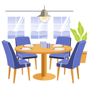 A stylish dining set featuring a round wooden table with a polished finish and matching chairs upholstered in navy blue fabric. The chairs have white rope details, enhancing the nautical theme. The table is set with white dinner plates, blue striped napkins, and silver cutlery. Above the table, a modern light fixture resembles a ship's lantern, made of brushed metal. The yacht dining room has large windows showing a beautiful view of the ocean and a gentle breeze flowing through, with light reflecting off the water. A potted plant in the corner adds a touch of greenery to the elegant setting.
