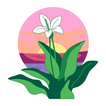 A green peace lily with lush, broad leaves is positioned prominently in the foreground. The flower's white blooms stand out against the deep color of the leaves. Behind the peace lily, the horizon displays a vibrant sunset with layered colors transitioning from orange to pink. The sunlight casts a warm glow, illuminating the edges of the leaves and creating a soft silhouette effect. The scene captures the elegance of the peace lily amidst the stunning backdrop of the sunset.