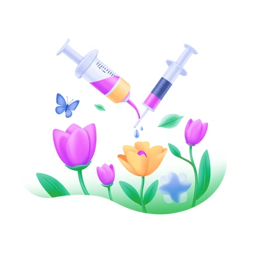 A modern pastel illustration depicting "a syringe" gently positioned above "a garden of blossoming flowers." The syringe is filled with a vibrant liquid, and "the flowers" are various shades of pink, yellow, and blue, showcasing their full blooms. The garden features lush green leaves and stems, with a few butterflies fluttering around. A gentle drop of liquid is visible as it falls from the syringe towards a colorful flower below. The overall composition evokes a sense of care and growth.