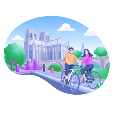 A modern pastel illustration depicting a group of tourists riding bicycles through a city filled with historical landmarks. In the foreground, two cyclists are smiling while pedaling along a cobblestone street. Surrounding them are famous structures such as an ornate cathedral with tall spires and an ancient stone bridge. There are trees lining the street, and a few pedestrians can be seen enjoying the scenery. The sky is bright blue with fluffy white clouds, adding to the vibrant atmosphere of the scene.