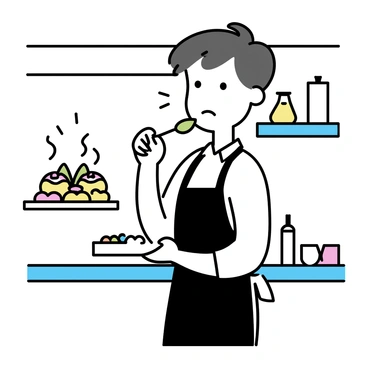 A chef, wearing a white culinary jacket and a black apron, is standing in a bright kitchen. They are holding a small spoon with a colorful dish in front of them. The chef has short, slightly tousled hair and a worried expression on their face as they bring the spoon to their lips. The dish is elegantly plated, featuring vibrant colors and garnishes. Various kitchen utensils and ingredients are visible in the background, emphasizing the culinary setting.