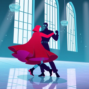 A red-cloaked figure with flowing fabric, their hood partially obscuring their face, is dancing gracefully in the center of a deserted ballroom. The floor is made of polished marbled tiles, reflecting the dim light from ornate chandeliers hanging from the ceiling. Their masked partner, adorned in a dark, intricately designed mask, twirls effortlessly alongside them. Dust particles float in the air, illuminated by the beams of light filtering through tall, arched windows. Shadows loom in the corners, highlighting the emptiness of the grand space, while the elegance of the dance contrasts with the solitude of the ballroom.