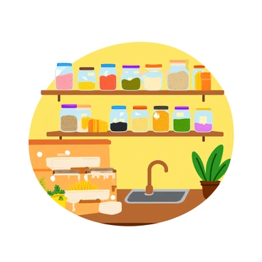 A cozy kitchen featuring wooden shelves filled with various glass jars. Each jar is filled with different grains such as rice, quinoa, and lentils, along with several types of pasta, including fusilli and spaghetti. The jars are labeled with neat tags, and there are no plastic containers visible in the space. A wooden countertop complements the natural aesthetic, and a few green plants are placed near the window, adding a touch of freshness. The kitchen has warm lighting, creating an inviting atmosphere.