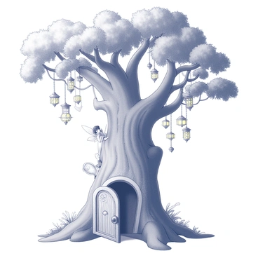 A large, ancient tree with a thick trunk and sprawling branches stands in the foreground. The bark is textured and gnarled, showing the tree's age. There is a small door carved into the tree, intricately detailed with swirls and patterns. A fairy with delicate wings is peeking out from behind the door, her expression curious. The door is adorned with several tiny lanterns hanging from the edges, each lantern casting a soft glow. The surrounding area is filled with lush foliage, enhancing the mystical atmosphere of the scene.