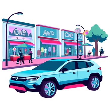 A sleek crossover SUV with a shiny metallic finish is parked in front of a trendy downtown shopping area. The SUV has modern lines and stylish alloy wheels. In the background, there are several boutique stores with large glass windows, showcasing colorful clothing and accessories. Outdoor cafes with bright umbrellas are filled with people enjoying their drinks. The street is lined with trees and stylish street lamps, creating a vibrant atmosphere. Bright signage and decorative elements enhance the charm of the shopping district.
