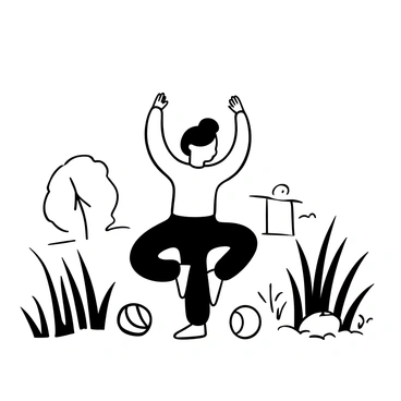 A young child standing on one leg, arms raised in a "tree pose" with a focused posture. The child is surrounded by tall blades of grass swaying gently in the breeze. Nearby, a few colorful toy balls are scattered on the ground. In the background, there are faint outlines of trees and a small wooden fence. The scene captures a peaceful moment of practice and exploration in the backyard setting.