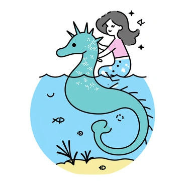 A tiny mermaid with shimmering aqua-colored scales and long flowing hair is sitting on the back of a giant seahorse. The seahorse has a textured body in shades of blue and green, with delicate fins that ripple as it swims through clear ocean water. Sunlight filters through the surface, casting gentle patterns on the sandy ocean floor. Small fish swim around them, and seaweed sways gently in the currents nearby. The mermaid is holding onto the seahorse's neck, looking ahead with an expression of excitement.