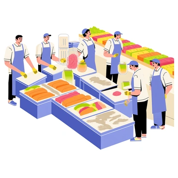 A bustling market scene with several workers processing fish at a designated area. Each worker is wearing a blue apron and gloves while skillfully filleting a variety of fish. There are large bins filled with fresh fish in different colors, and cutting boards are placed in front of each worker. The background shows vibrant market stalls with vegetables and fruits stacked high, creating a lively atmosphere. Each worker is focused on their task, demonstrating their skill and teamwork in this busy setting.