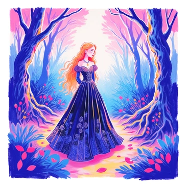 A princess with long, flowing hair is standing in a spooky woodland. She wears an elegant black gown that billows around her as a light breeze rustles the nearby trees. The gown is adorned with intricate lace patterns and subtly shimmers in the dim light. In the background, gnarled branches stretch towards the sky, and a thick mist hovers close to the ground, creating an eerie atmosphere. The ground is covered with fallen leaves and twisted roots. The princess is gazing thoughtfully into the distance, a silver pendant glinting around her neck. Dark shadows loom in the underbrush, suggesting hidden secrets within the forest.