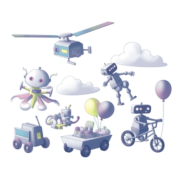 A collection of imaginative inventions is displayed in a dynamic arrangement. Various mechanical devices have intricate gears and levers, showcasing their unique functions. A colorful flying machine with oversized wings hovers in the air, while a curious robot with multiple arms is interacting with a small cart filled with peculiar gadgets. Nearby, a whimsical contraption resembling a bicycle is connected to a series of colorful balloons. Each invention has distinct shapes and designs that convey a sense of creativity and playfulness. The background features a large, abstract cloud-like form, enhancing the dreamlike quality of the scene.