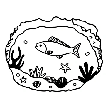 A barramundi swimming gracefully in a tide pool, surrounded by various types of anemones and starfish. The tide pool has rocky edges with patches of seaweed creeping along the surface. The barramundi is depicted gliding over the textured seafloor, while several starfish are scattered across the rocks, each with distinct shapes. Anemones sway gently in the water, their tentacles extending outward, creating a lively underwater scene.