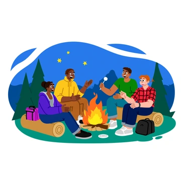 A group of four friends sitting around a vibrant campfire. The friends are diverse in appearance, with one person wearing a blue hoodie, another in a yellow jacket, a third in a red flannel shirt, and the last in a green t-shirt. The campfire flames are bright orange and yellow, dancing and flickering upward against the night sky. Several logs serve as seats, and scattered around them are bags, backpacks, and a few twinkling stars visible above. The friends are animatedly talking, with one gesturing excitedly, while another holds a marshmallow on a stick ready to roast over the fire. A gentle breeze rustles the nearby trees, adding to the cozy atmosphere.