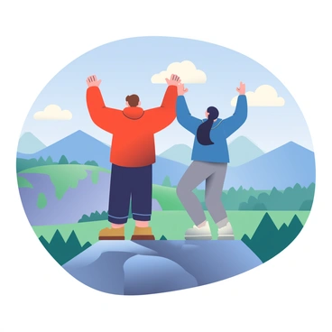 A couple stands at the summit of a mountain, their arms raised in triumph. The man has short brown hair, wearing a red jacket and black hiking pants, while the woman has long black hair tied in a ponytail, dressed in a blue windbreaker and grey leggings. The background features a breathtaking view of distant mountains and valleys, with patches of green forests and rocky cliffs. The sky is clear blue, and a few fluffy white clouds drift by. The couple is positioned on a rocky outcrop, and the sunlight casts soft shadows on the terrain, highlighting their accomplishment.