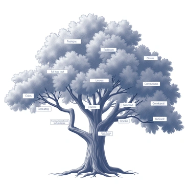 A large, leafy oak tree stands prominently in the center of the image. The tree's thick trunk is textured and sturdy, showcasing its age and strength. Numerous branches extend outward, each adorned with lush green leaves. Each branch is labeled with the names of family members, representing different generations. The branches are arranged in a way that indicates the family lineage, with younger generations positioned closer to the ground and older generations higher up. The roots of the tree are visible, anchoring it deeply into the earth. The overall composition emphasizes the connection between family and nature, highlighting the importance of heritage.