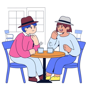 Two friends are sitting at a small café table. One friend has a dark brown fedora, while the other wears a light gray one. Both friends are smiling broadly and sharing a laugh. The table is round and made of wood, with two cups of steaming coffee placed in front of them. One friend has short, curly hair, and the other has straight, shoulder-length hair. The background features a few blurred café chairs and a bright window, letting in natural light.