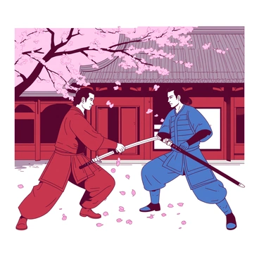 A dramatic samurai duel in a traditional Japanese setting with comic style