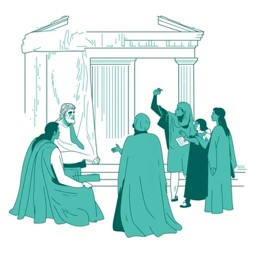 A white Greek temple with tall, majestic columns serves as the backdrop for the scene. In the foreground, a thoughtful Aristotle is engaged in conversation, surrounded by a diverse group of eager students. The students, dressed in flowing robes of teal, lean in closely, listening intently to Aristotle's teachings. Some are taking notes on small parchment scrolls, while others are raising their hands to ask questions. The sunlight casts soft shadows against the temple's columns, highlighting the dynamic exchange of knowledge taking place.