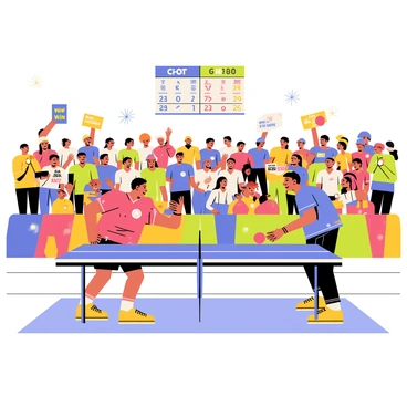 A vibrant crowd of diverse people stands in a spacious gymnasium, their faces filled with excitement and enthusiasm. Some individuals are holding colorful signs that read "Go Team!" and "We Can Win!" A large scoreboard hangs above, displaying the current scores. In the foreground, two players engage in an intense table tennis match, with one player in a red jersey and the other in a blue jersey, both focused on the ball. The audience can be seen on bleachers, with some jumping in excitement and others capturing the moment with their smartphones. Bright gymnasium lights illuminate the scene, enhancing the lively atmosphere.