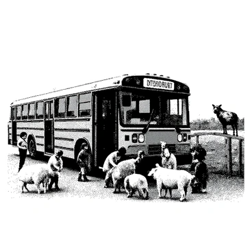 A large bus is parked next to a farm, surrounded by various farm animals. A group of children with a mix of ages and appearances are exiting the bus, their faces showing excitement as they eagerly approach the animals. Some children are kneeling down to pet a sheep, while others are observing a friendly pig nearby. A goat stands on a wooden fence, looking curiously at the children. In the background, there are fields with crops and a barn structure, adding to the rural setting. The sky above is clear, enhancing the lively atmosphere of the farm visit.
