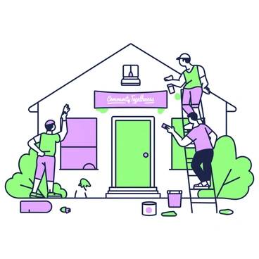 A group of volunteers is actively painting the exterior of a community center. In the foreground, two volunteers stand on ladders, one applying a green coat of paint while the other holds a paint can. To the left, a third volunteer uses a brush to add finishing touches near a window. On the ground, there are several paint cans, including a purple one, and brushes scattered around. Behind them, the community center has a welcoming facade with large windows and a door. Lush greenery surrounds the building, highlighting the community spirit. A banner hangs from the center, reading "Community Togetherness."