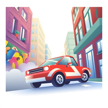 A bright red rally car is speeding through a narrow alleyway flanked by tall city buildings. The car has distinctive racing stripes of white and black along its sides, and its tires are kicking up a cloud of dust behind it. To the left and right, the buildings feature a mix of brick and glass facades, with the sunlight glinting off the windows. Windows on the buildings are partially open, and there are potted plants hanging from some balconies, adding a touch of greenery. The street is lined with colorful graffiti, with a mural of a large, vibrant bird occupying one wall. The scene captures the excitement and intensity of the rally car navigating the urban landscape.