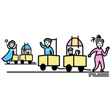 A fairground scene with several decorated floats moving along a pathway. Each float showcases vibrant colors and intricate designs. Performers in costumes are standing on the floats, waving enthusiastically to the crowd. The performers include a woman in a flowing blue dress with sparkling embellishments and a man in a bright red costume with feathers. The background features tents and booths typical of a fairground, adding to the festive atmosphere.