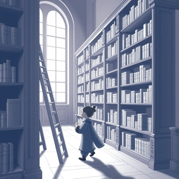 A Shugao figure, characterized by its elegant features, is depicted walking through an ancient library. The library is filled with towering bookshelves that stretch high towards the ceiling, each shelf brimming with old, leather-bound books. The bookshelves are intricately carved, showcasing detailed designs of mythical creatures and ornate patterns. Dim light filters through large, arched windows, casting shadows around the room. The floor is made of polished wooden planks, and scattered throughout are ladders leaning against the shelves, inviting exploration. The atmosphere is thick with the sense of history and knowledge, as the Shugao figure gazes in wonder at the vast collection of ancient texts.