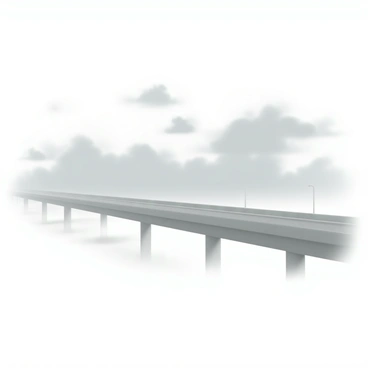 A long bridge stretches across the image, its surface composed of gray concrete. The bridge's railing is low and sleek, leading the viewer's gaze into the distance. Thick fog envelops the bridge, creating a sense of mystery as the visibility diminishes. The cold front can be felt in the air, indicated by the soft, muted colors in the atmosphere. The sky above is overcast with dark gray clouds, contributing to the overall somber mood. Wisps of fog swirl around the bridge's supports, blending into the surrounding environment.