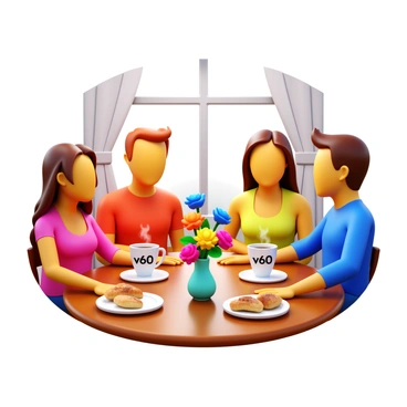 A group of four friends gathered around a wooden table. They are engaged in conversation, with two of them leaning slightly forward, animatedly sharing a story. Each friend has a steaming cup of "v60 coffee" in front of them, showcasing the unique pour-over setup. The table is adorned with a small vase holding vibrant flowers and a plate of pastries nearby. Light filters through a window, casting soft shadows and creating a warm, inviting atmosphere.